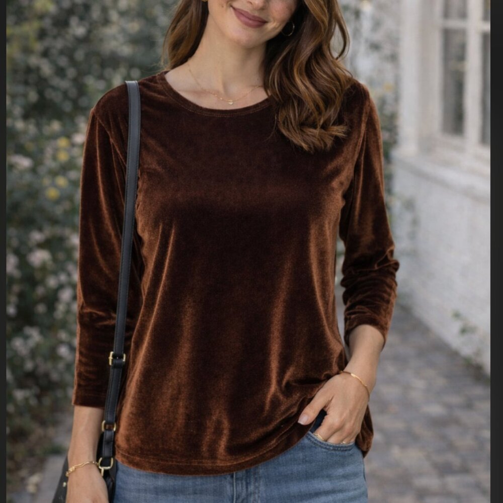 Vintage Frazier Lawrence Velour Velvet 3/4 Sleeve Top Medium Chocolate Brown